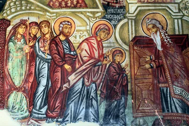 Fresco Bizantino del Siglo XV (detalle) Presentación de María en el Templo Pintura Mural Iglesia del Arcángel Miguel en Pedoulas, Chipre Iglesias Pintadas Sitio UNESCO Troodos, Chipre